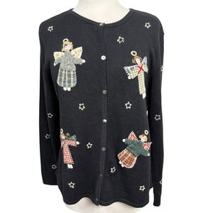 Vintage Cambridge Dry Goods XL Black Angel Appliqué Sweater Cardigan Embroidered